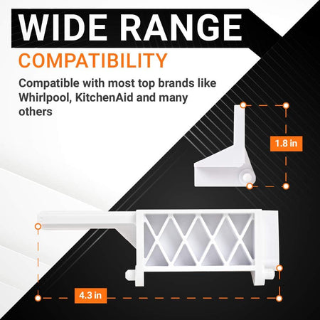 Infographic showing dimensions of 8205451 microwave latch bracket compatible with Whirlpool and KitchenAid.