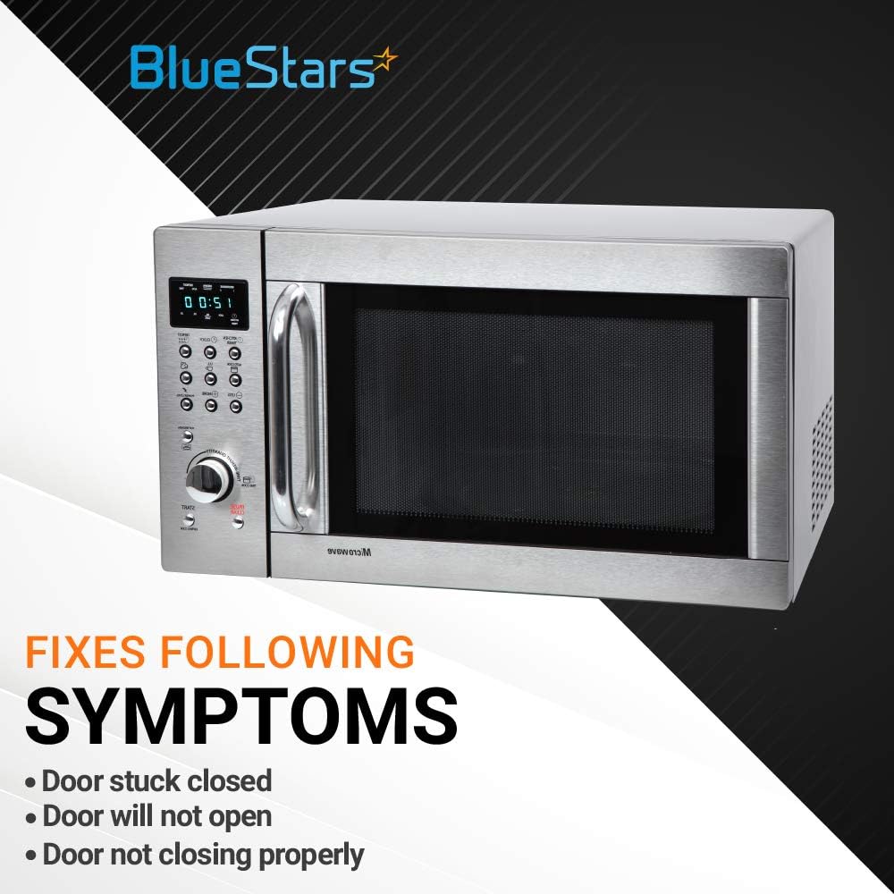 Stainless steel microwave showing door latch issues that the 8205451 bracket replacement fixes.