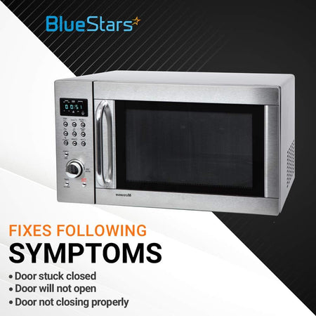 Stainless steel microwave showing door latch issues that the 8205451 bracket replacement fixes.