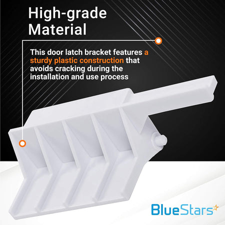 White plastic microwave door latch bracket for Whirlpool and KitchenAid appliances.