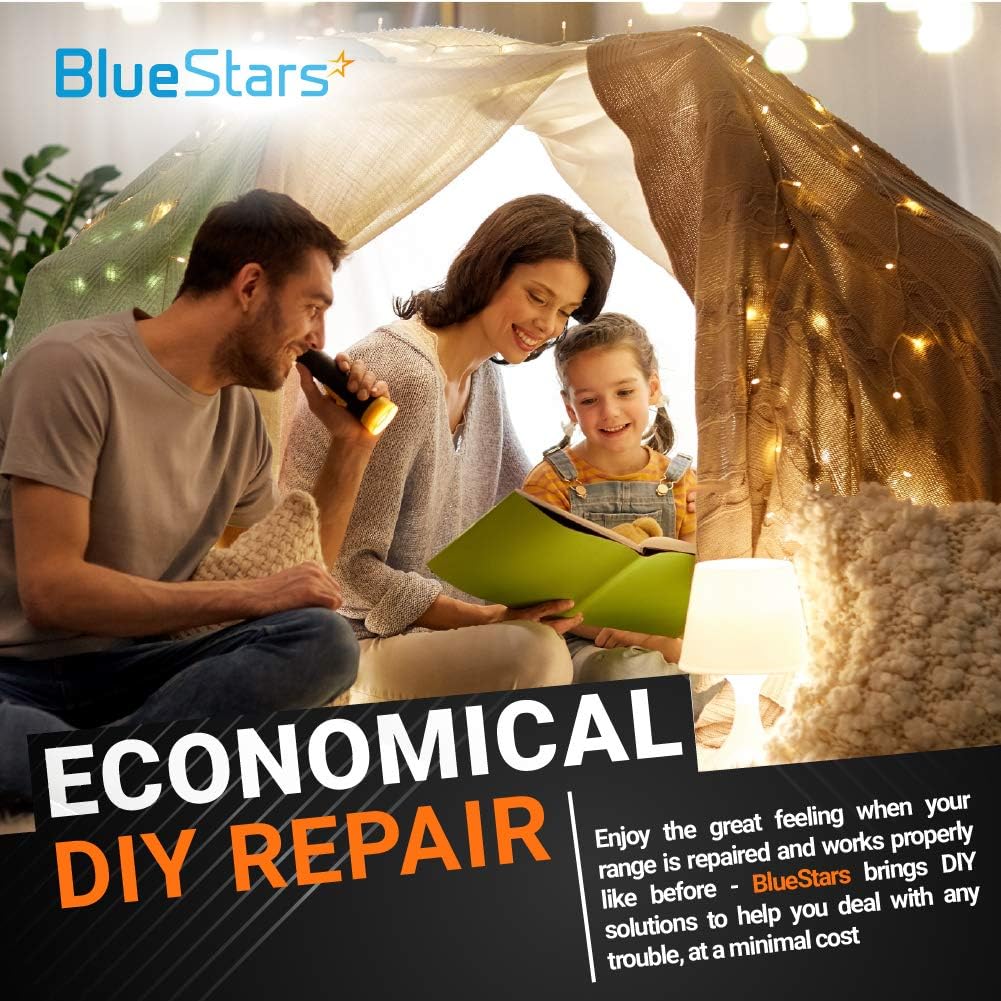 BlueStars promotional graphic for economical DIY microwave repair featuring a family reading in a blanket fort.