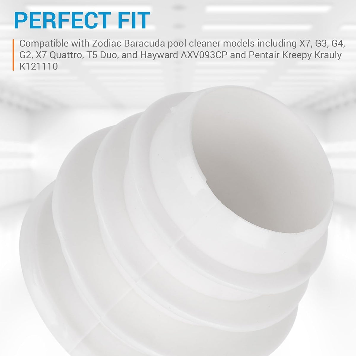 Close-up of white W70263 pool cleaner skimmer cone adapter valve cuff.