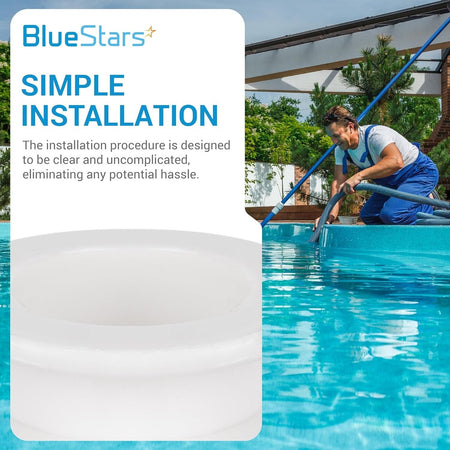 W70263 pool cleaner skimmer cone adapter valve cuff shown with installation guide and technician cleaning a pool.