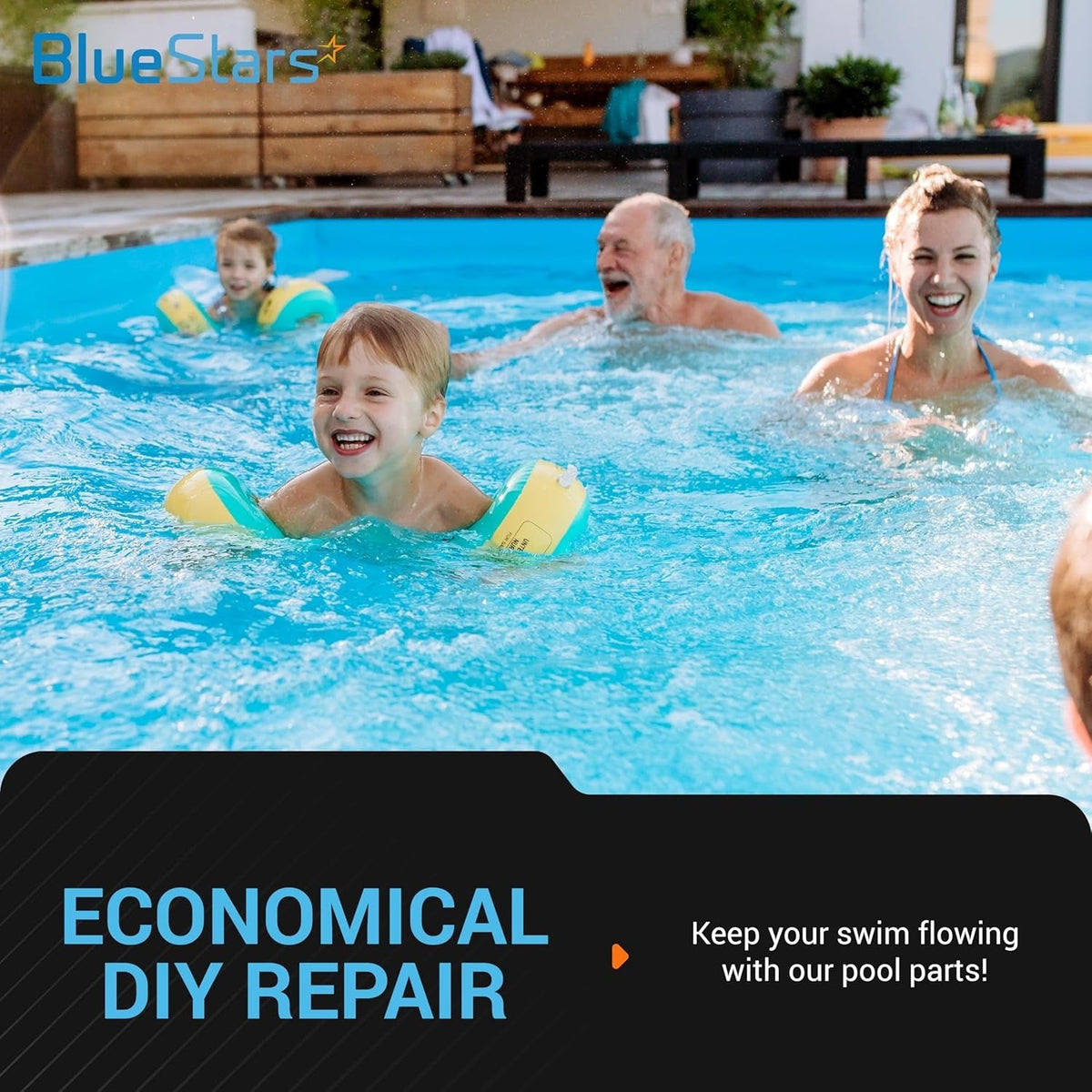 Family swimming in a pool with BlueStars branding and text promoting economical DIY pool part repairs.