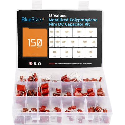 15-value metallized polypropylene film DC CBB22 capacitor kit in a clear plastic storage organizer box.