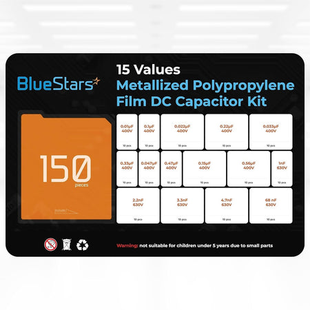 BlueStars 15-value metallized polypropylene film DC capacitor kit packaging label showing component specifications.