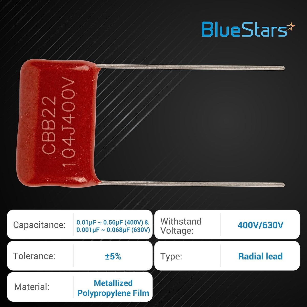 Red CBB22 metallized polypropylene film capacitor with radial leads and technical specification chart.