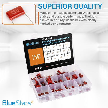 15-value metallized polypropylene film DC CBB22 capacitor assortment kit in a labeled plastic storage box.
