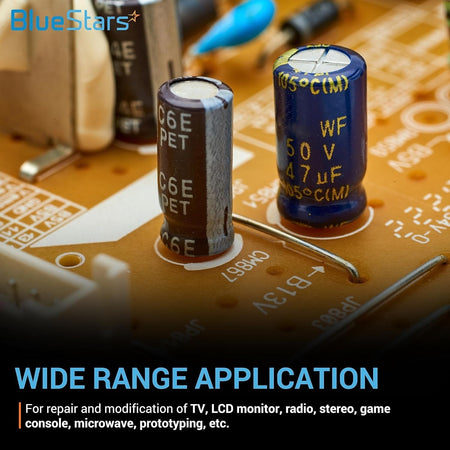 Close-up of metallized polypropylene film capacitors installed on an electronic circuit board.