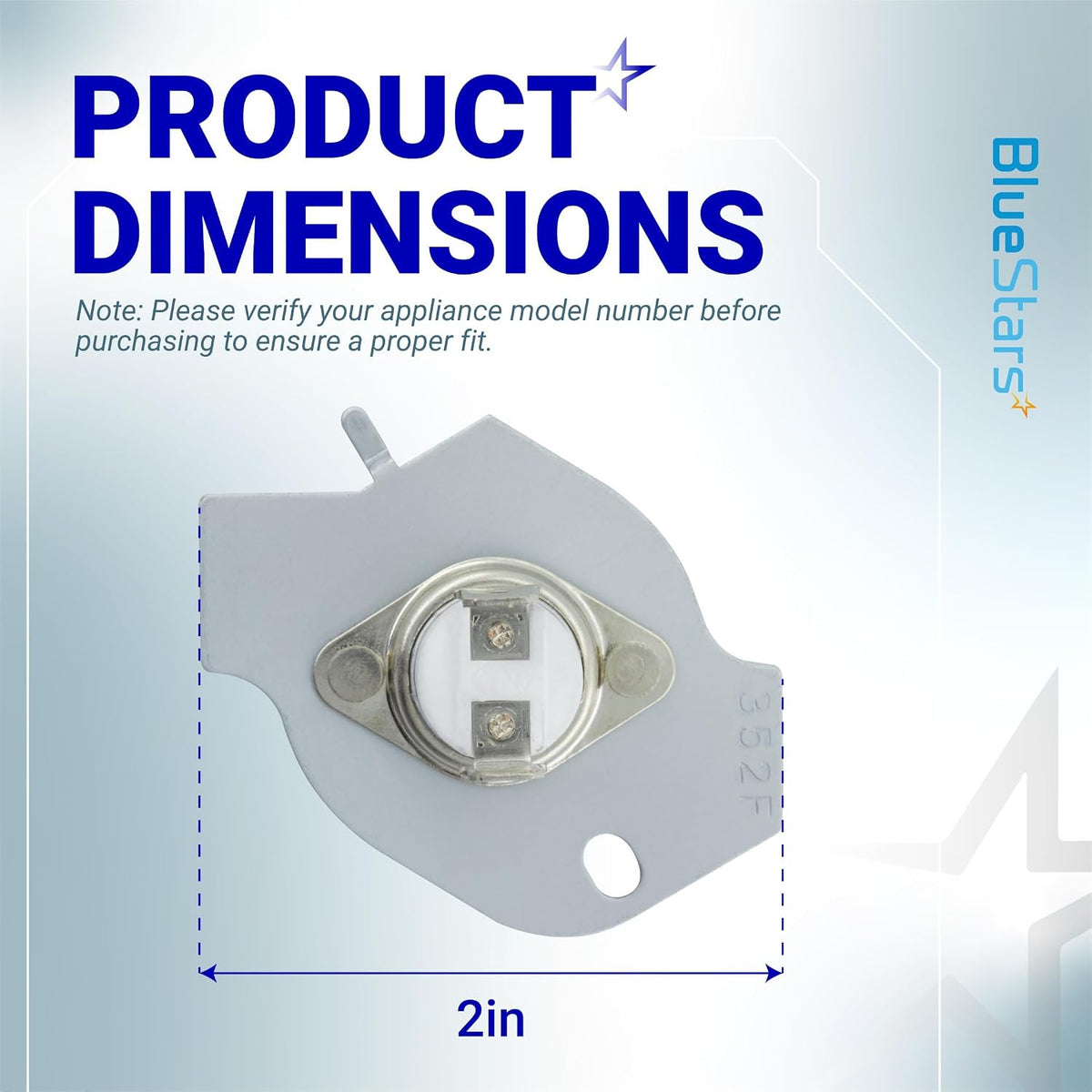 3977394 Dryer Thermal Fuse, product dimensions diagram showing a 2-inch width
