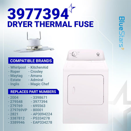 3977394 Dryer Thermal Fuse, graphic showing the fuse, dryer, compatible brands, and replacement part numbers