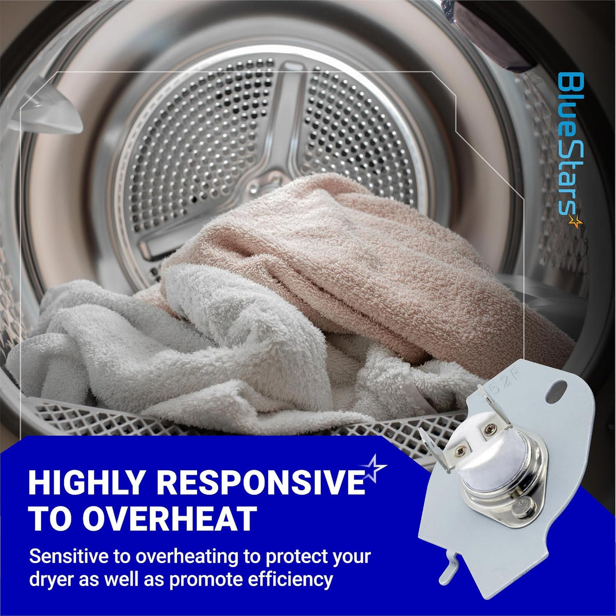 3977394 Dryer Thermal Fuse Replacement graphic showing a towel-filled dryer and fuse illustration with overheating text