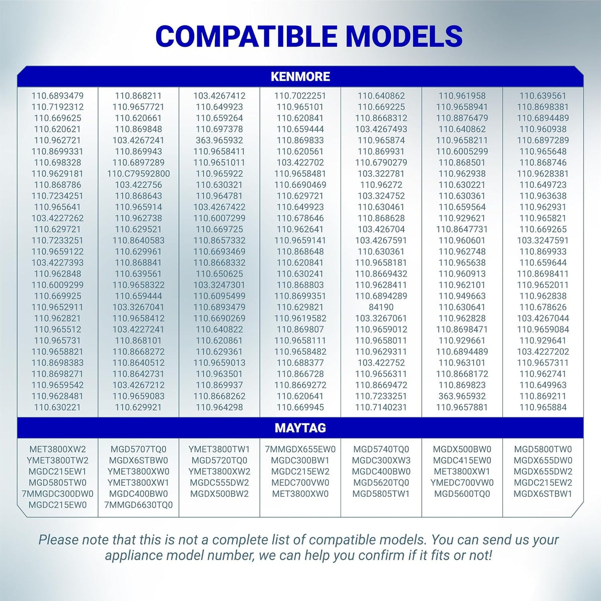 3977394 Dryer Thermal Fuse Replacement, compatible models chart for Kenmore and Maytag dryers