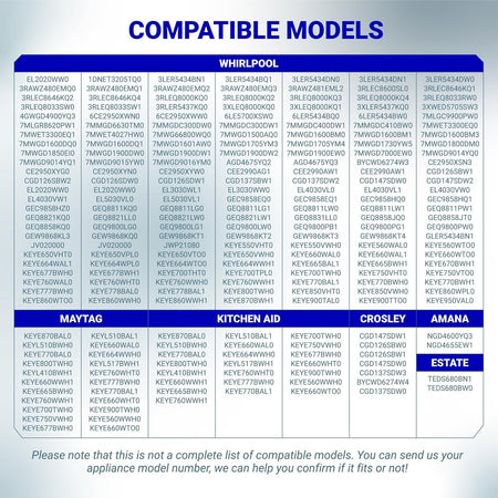3977394 Dryer Thermal Fuse Replacement compatible models chart for Whirlpool, Maytag, KitchenAid, Crosley, and Amana