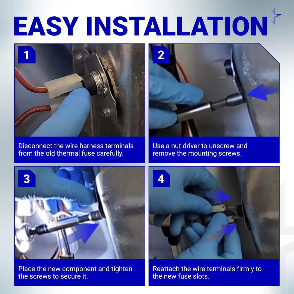 3977394 Dryer Thermal Fuse Replacement, four-step guide: disconnect wires, remove screws, install fuse, reconnect wires.