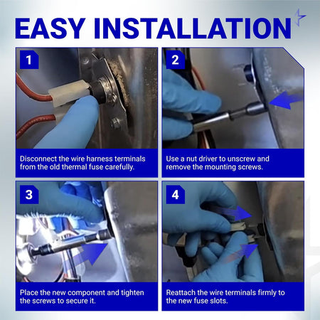 3977394 Dryer Thermal Fuse Replacement, four-step guide: disconnect wires, remove screws, install fuse, reconnect wires.