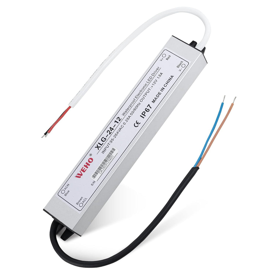 24W 12V LED Power Supply Driver 1.5A - 120VAC to 12V DC Transformer (IP67 Waterproof)