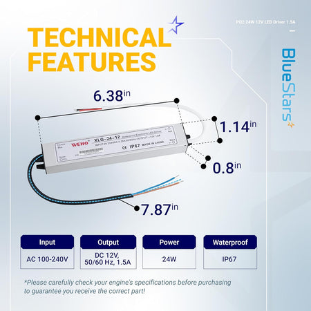 Technical diagram showing dimensions and specifications of the 24W 12V LED power supply driver.