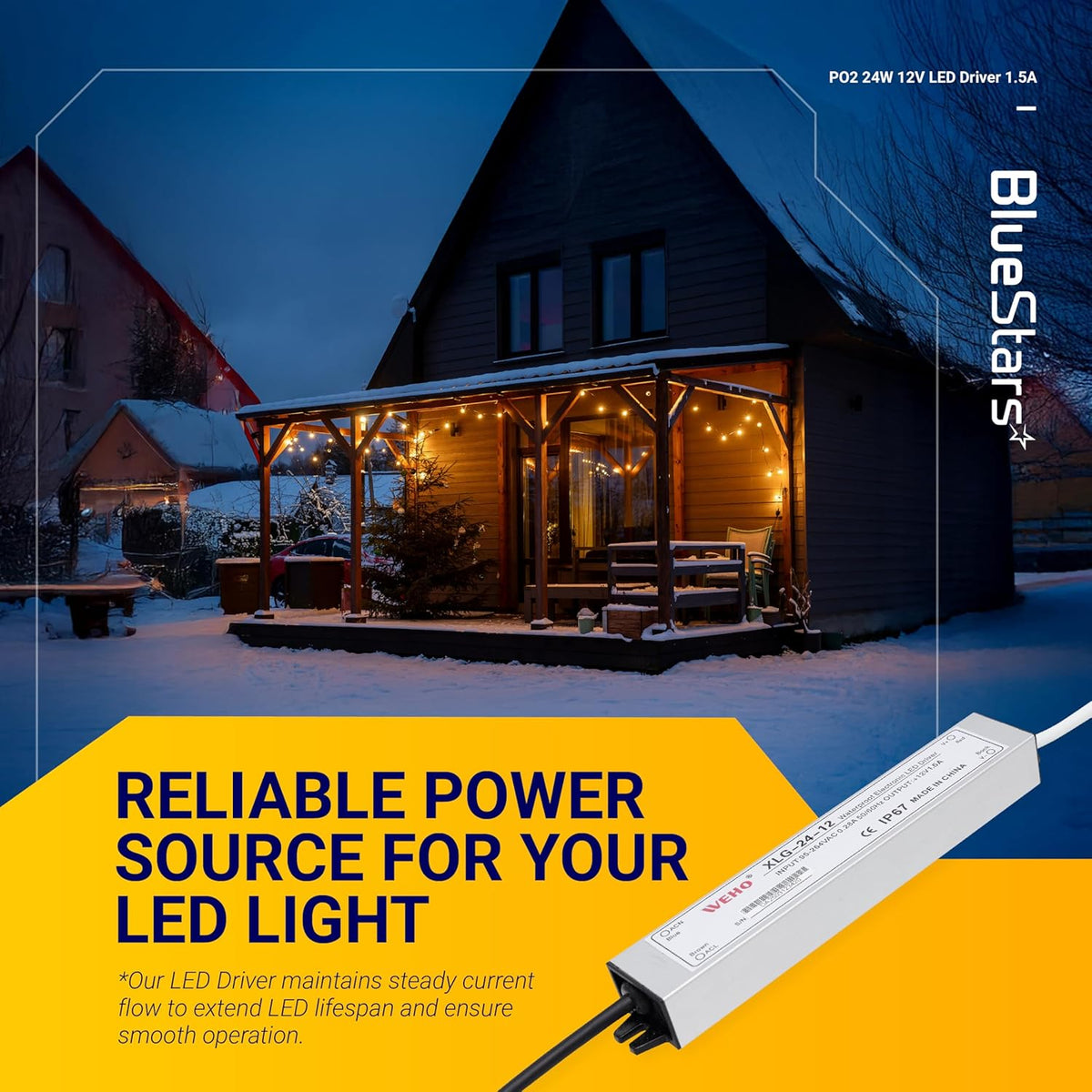 24W 12V LED power supply driver for outdoor lighting applications with IP67 waterproof rating.