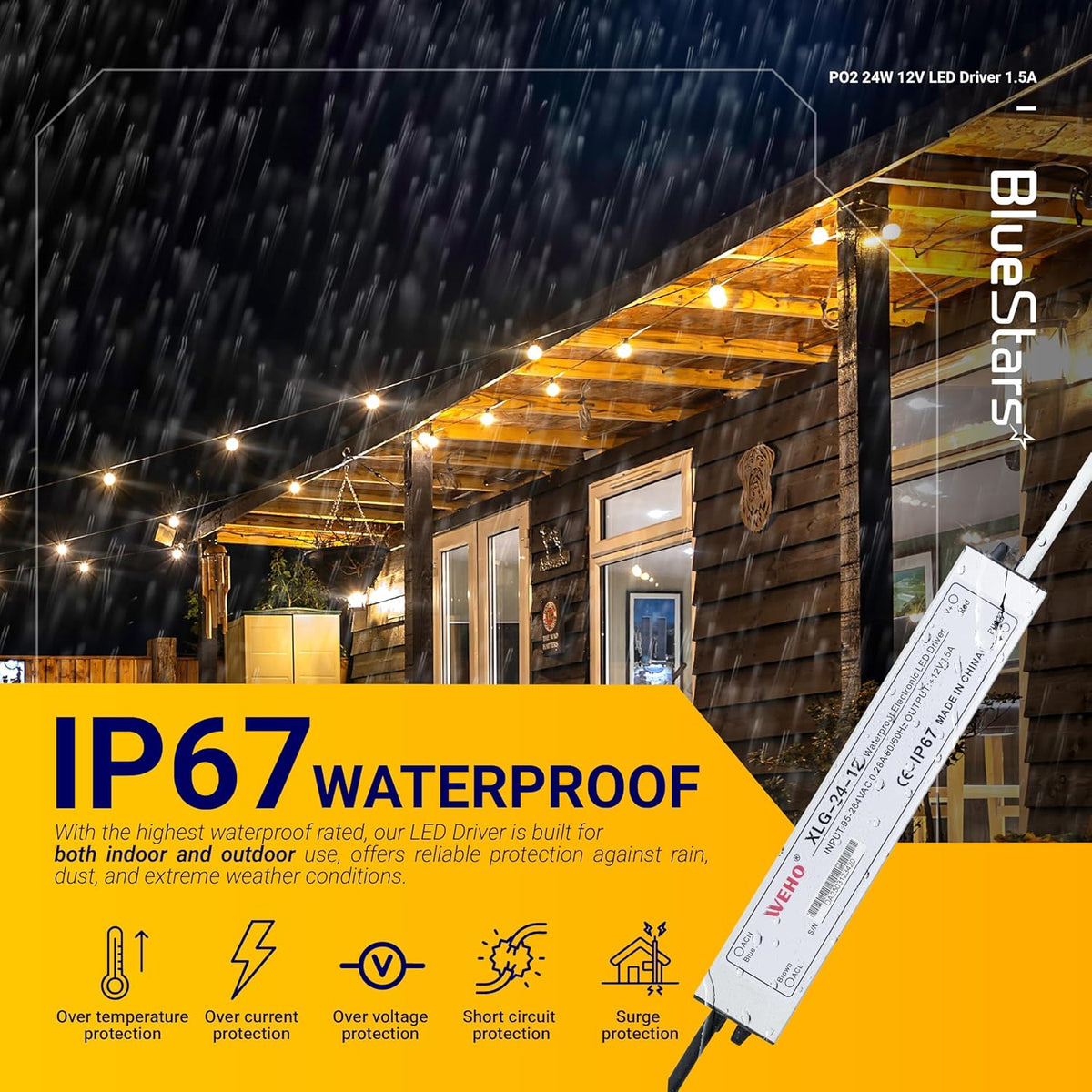 24W 12V LED power supply driver with IP67 waterproof rating for outdoor lighting applications.
