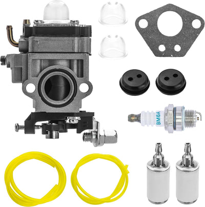 300486 43cc carburetor repair kit with fuel lines, primer bulbs, spark plug, and filters for tiller engines.