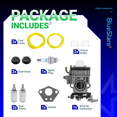 300486 43cc carburetor repair kit including fuel lines, primer bulbs, grommets, spark plug, fuel filters, and gasket.