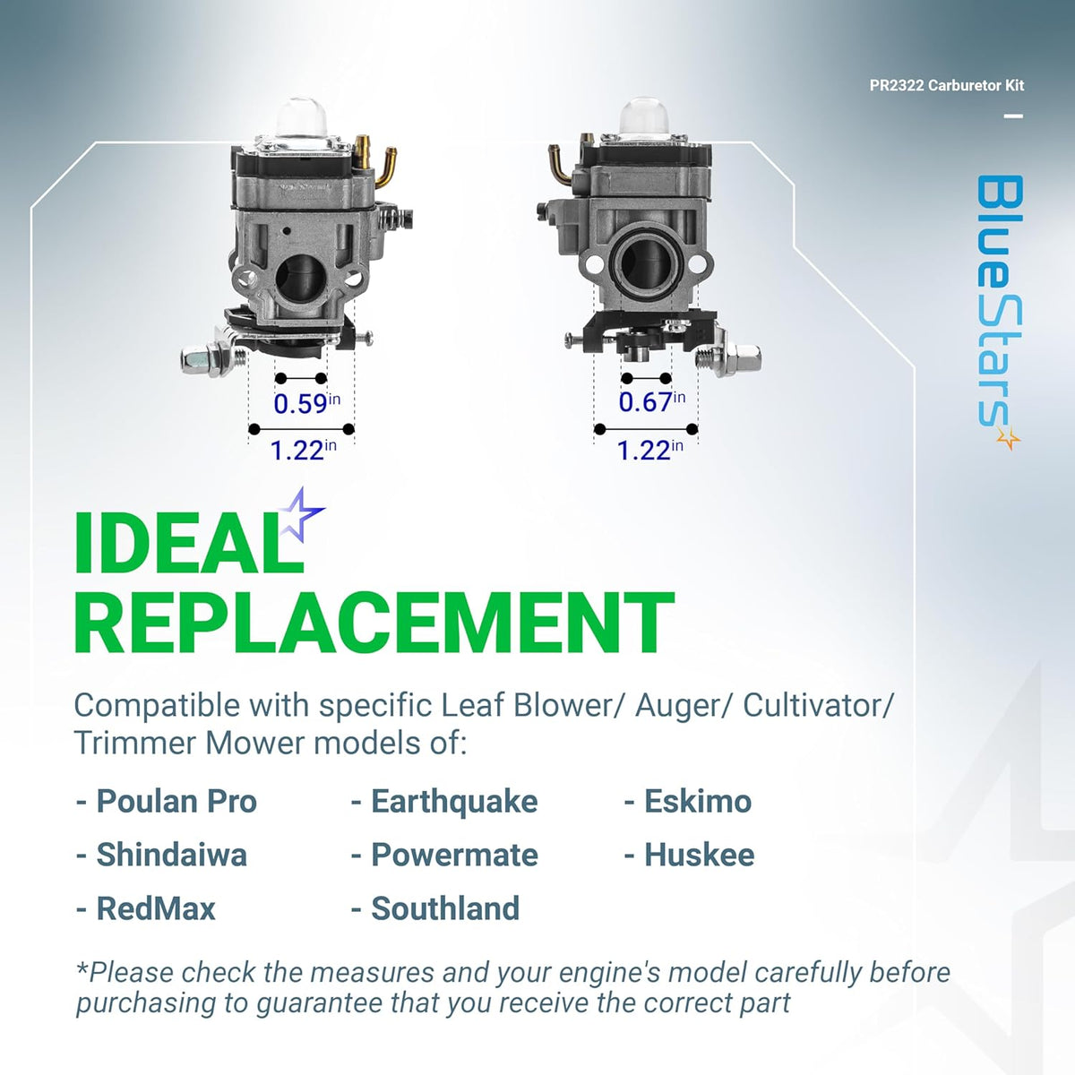 300486 43cc carburetor replacement showing dimensional measurements for compatibility with various outdoor power equipment.