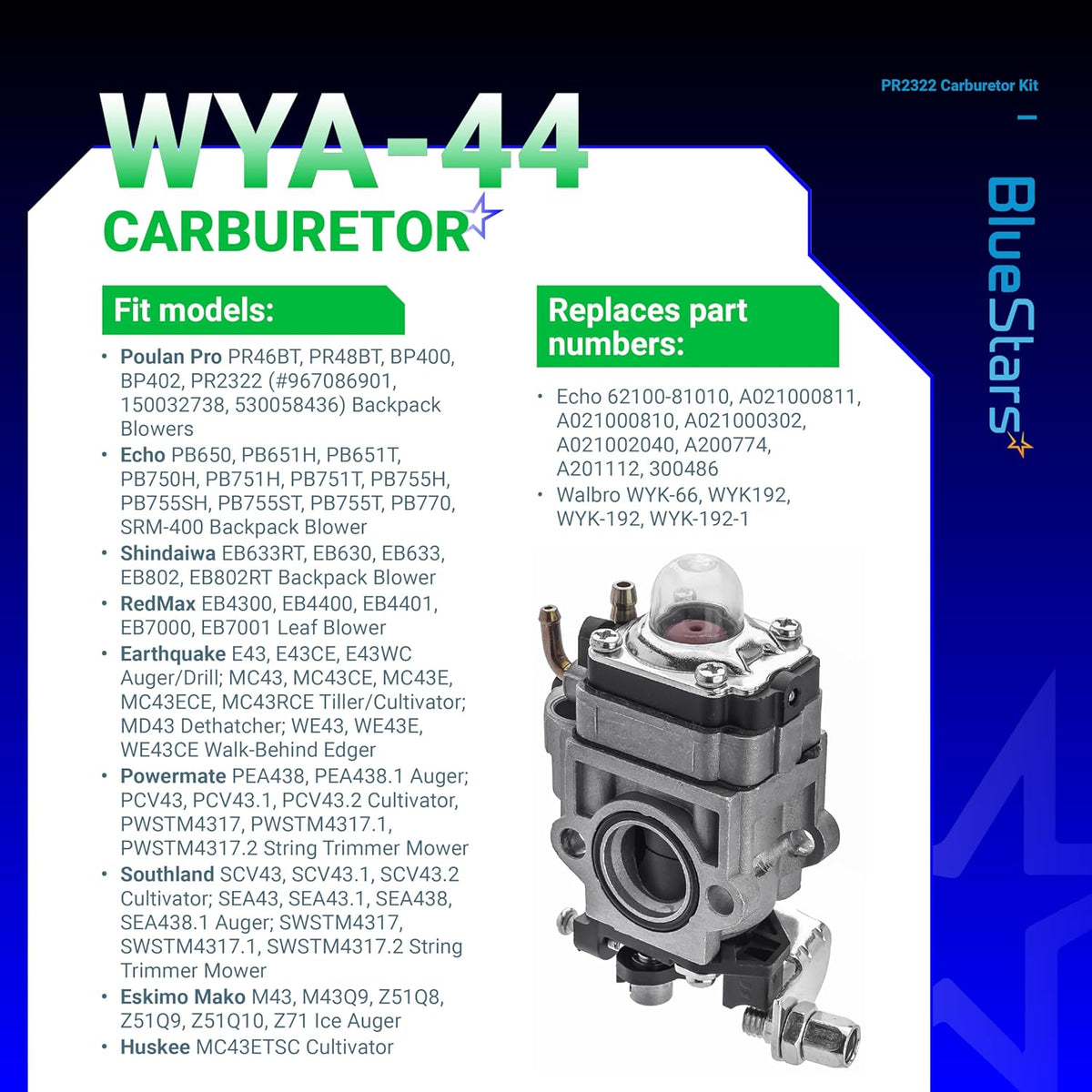 WYA-44 carburetor replacement part for Earthquake, Poulan, and Eskimo outdoor power equipment.