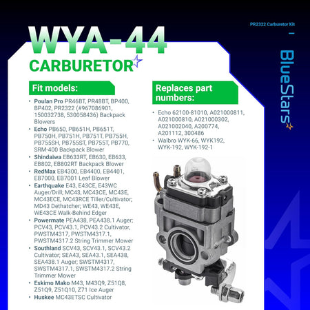 WYA-44 carburetor replacement part for Earthquake, Poulan, and Eskimo outdoor power equipment.