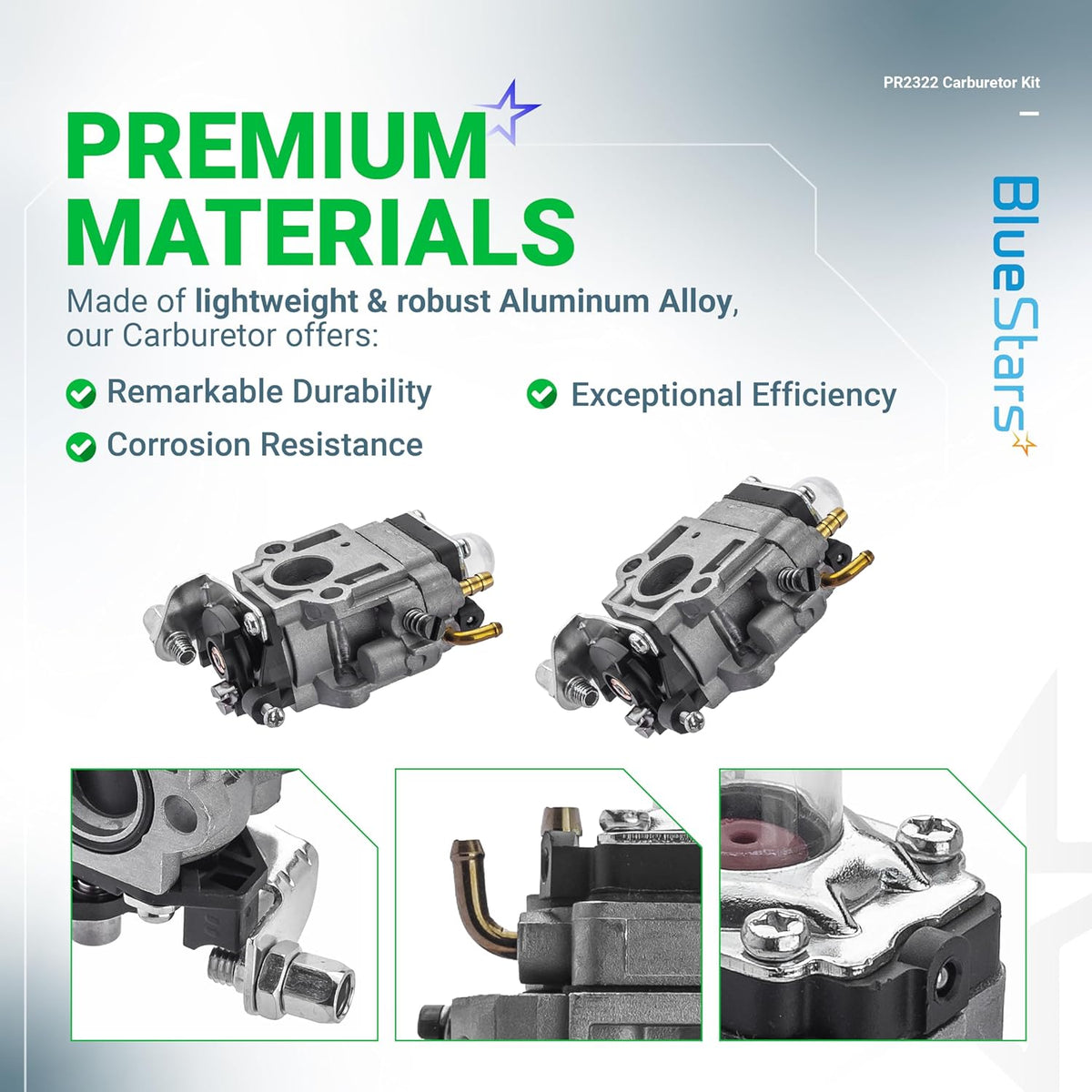 300486 43cc carburetor replacement kit for Earthquake and Poulan tillers showing product features and close-up details.