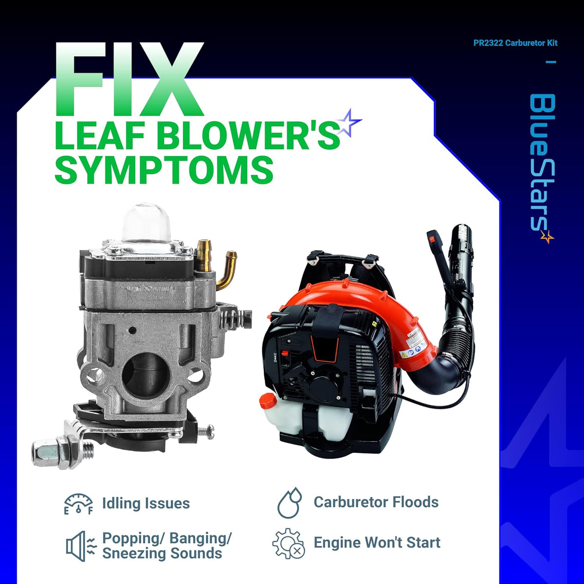 300486 43cc carburetor replacement for leaf blowers and tillers with engine troubleshooting guide.