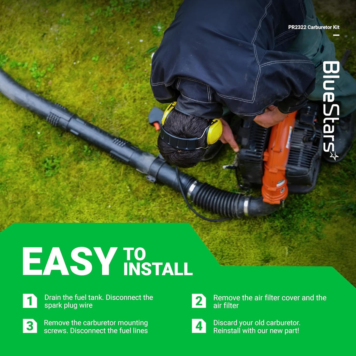 Instructional graphic showing how to install a 300486 43cc carburetor on a leaf blower engine.