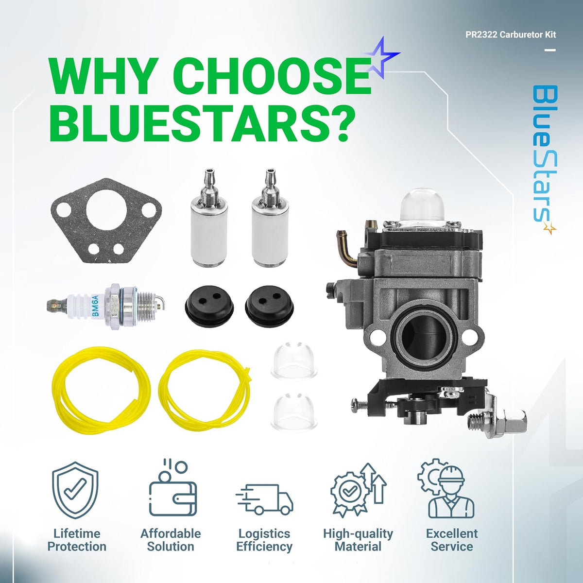 300486 43cc carburetor replacement kit with gaskets, fuel filters, spark plug, primer bulbs, and fuel lines for tillers.