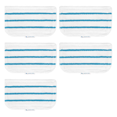 Set of 5 white microfiber replacement steam mop pads with blue stripes for Black and Decker steam mops.