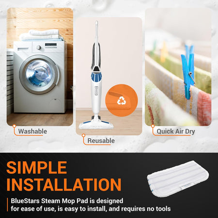 Infographic showing washable, reusable replacement steam mop pads compatible with Black and Decker steam mops.