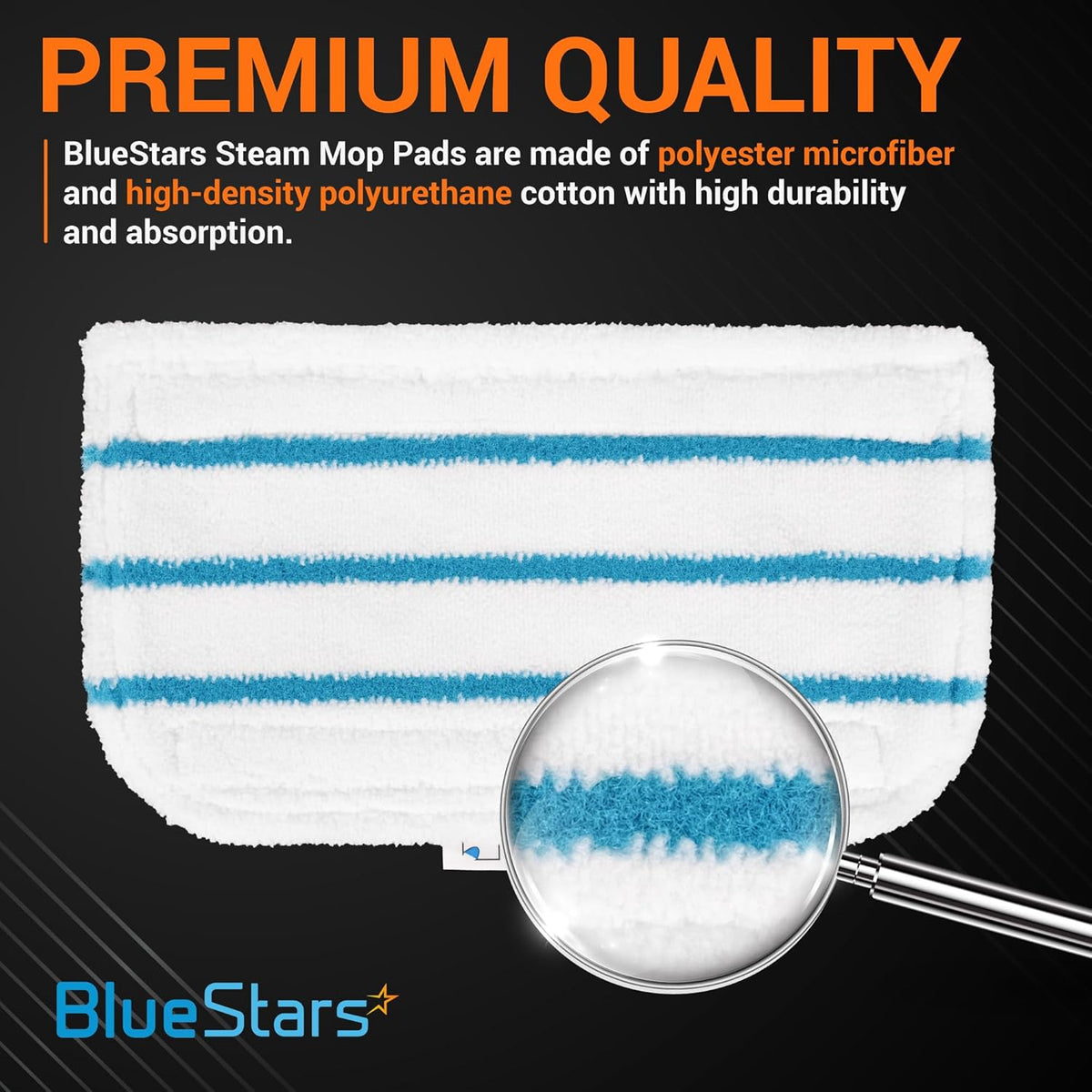 Close-up view of a white and blue striped microfiber steam mop replacement pad for Black and Decker steam mops.