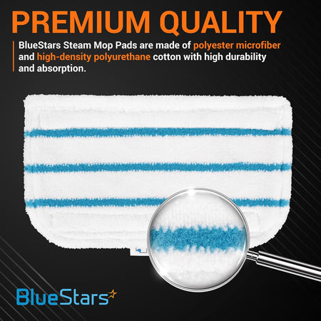 Close-up view of a white and blue striped microfiber steam mop replacement pad for Black and Decker steam mops.