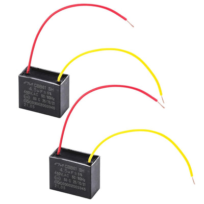 Two CBB61 4.5uF 450V 2-wire ceiling fan capacitors with red and yellow lead wires.