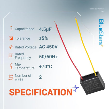 Specification chart for CBB61 4.5uF 450V 2-wire ceiling fan capacitor showing technical ratings.
