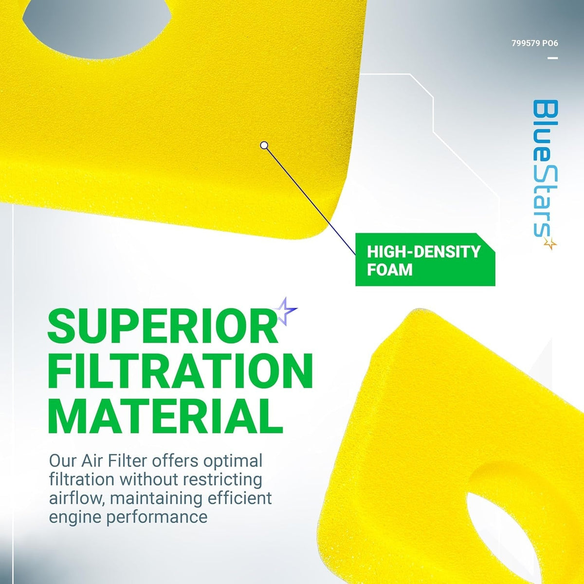 Close-up of 799579 air cleaner foam filter highlighting high-density material for lawn mower engine filtration.