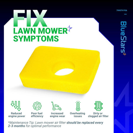 Single yellow foam air cleaner filter for lawn mower engines, compatible with B&S 799579.