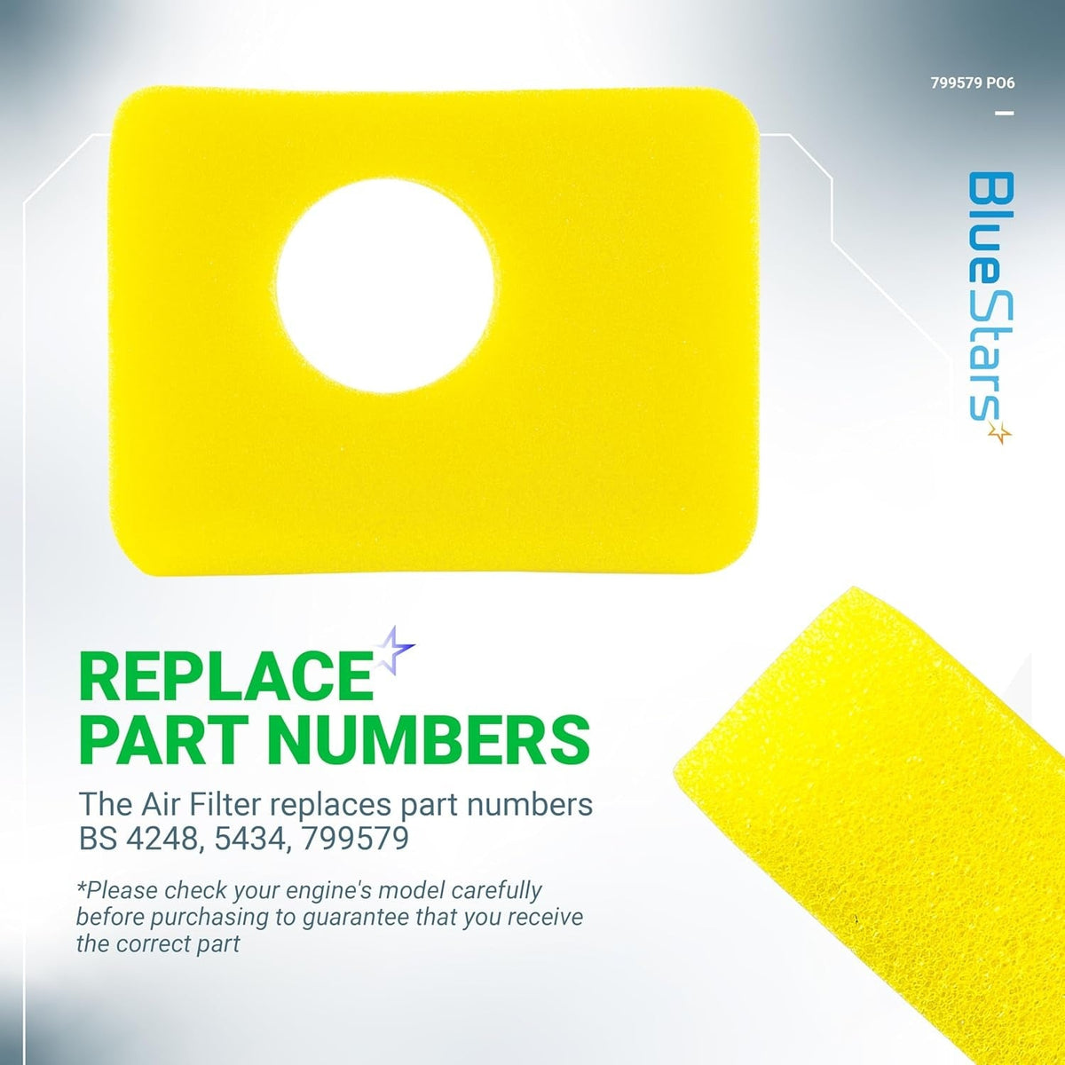 Yellow foam air cleaner filter replacement for lawn mower engines, compatible with B&S 799579.