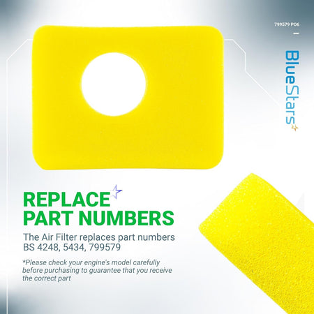 Yellow foam air cleaner filter replacement for lawn mower engines, compatible with B&S 799579.