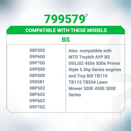 Compatibility chart for 799579 air cleaner foam filter listing compatible lawn mower engine models.