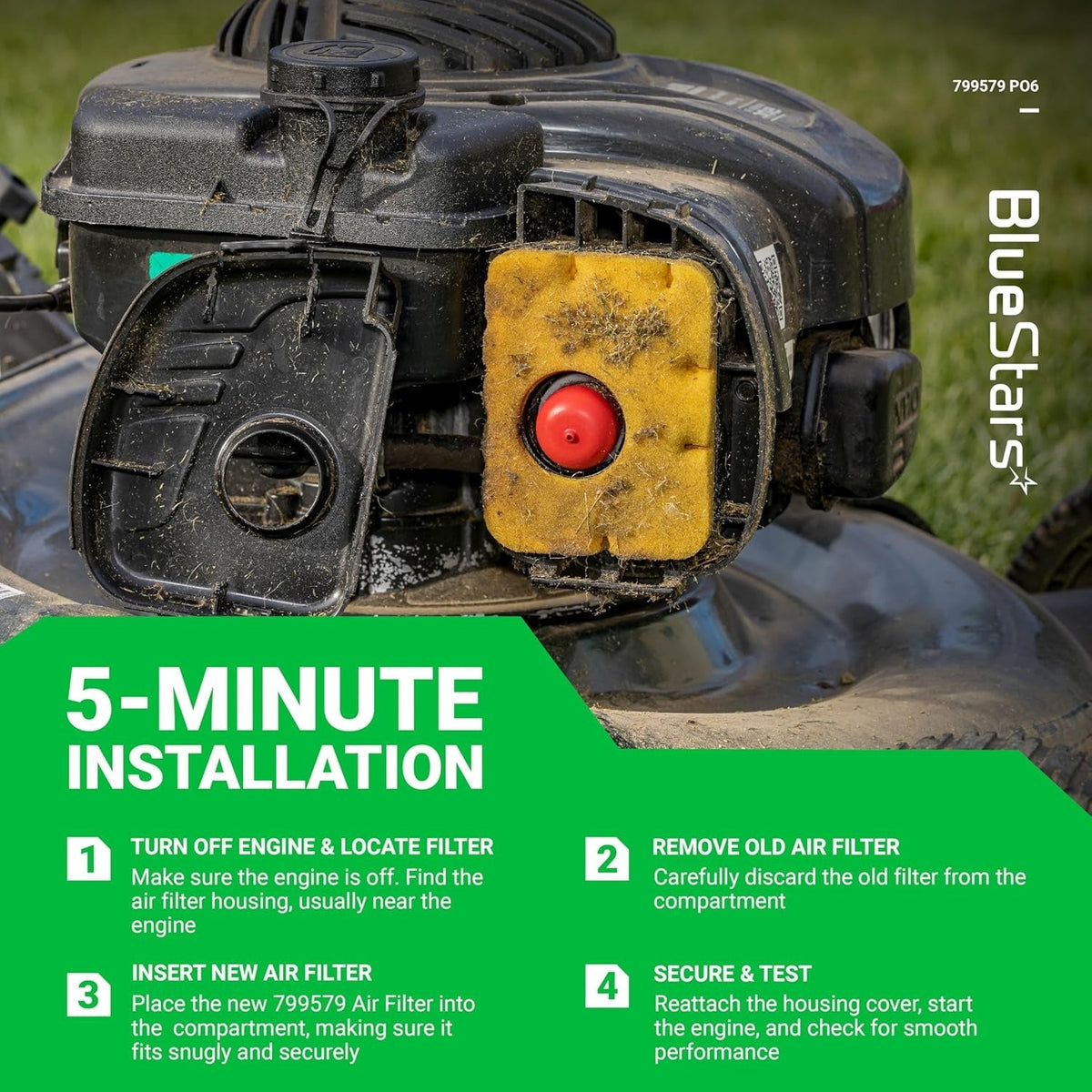Installation guide for 799579 air cleaner foam filter on a lawn mower engine showing 4-step replacement instructions.