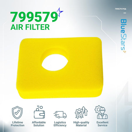 Single yellow foam air cleaner filter replacement for lawn mower engines, compatible with 799579 models.