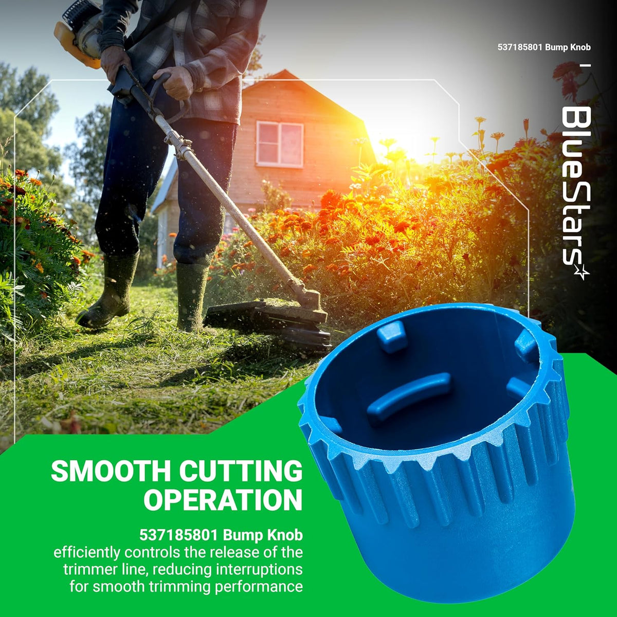 Close-up of a blue T35 bump knob replacement 537185801 for Husqvarna trimmer heads.