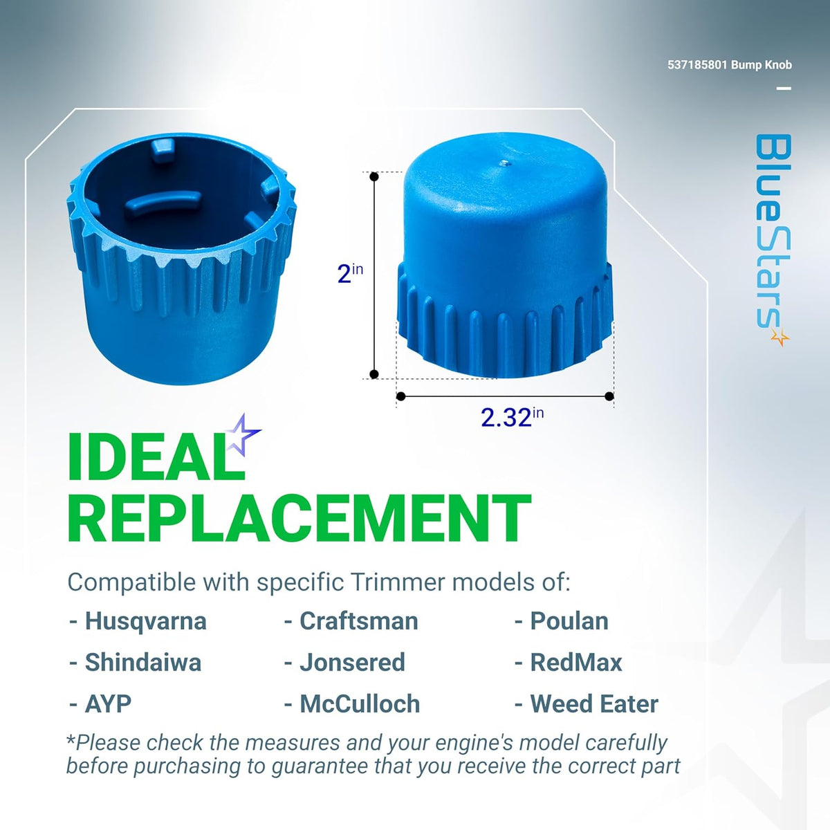 T35 bump knob replacement 537185801 showing dimensions for Husqvarna trimmer head compatibility.