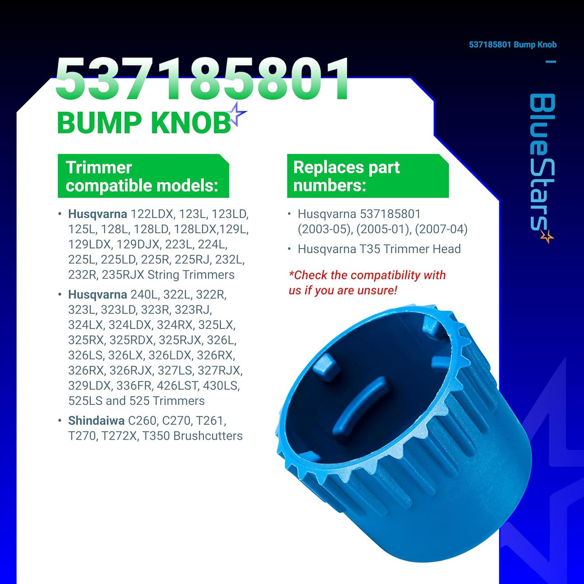 Blue 537185801 bump knob replacement for Husqvarna T35 trimmer head with compatibility chart.