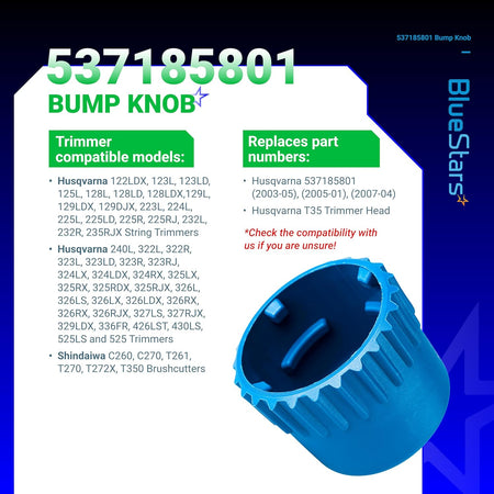 Blue 537185801 bump knob replacement for Husqvarna T35 trimmer head with compatibility chart.